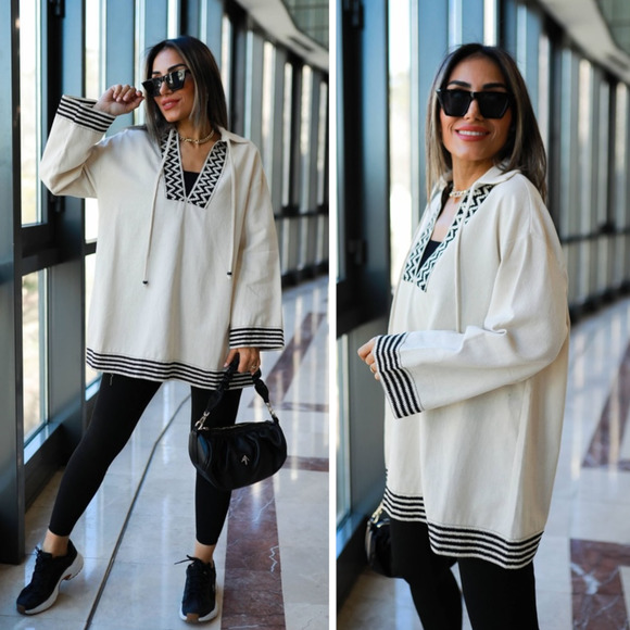 ZARA Crochet Linen Blend Tunic Top Beach Coastal V-Neck Cream Black Relaxed - Picture 14 of 16